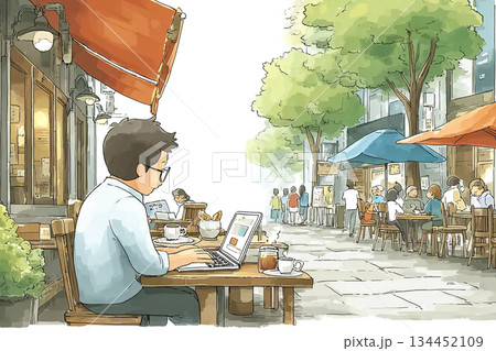 街角のカフェで作業する男性　人通りのある日常風景 134452109