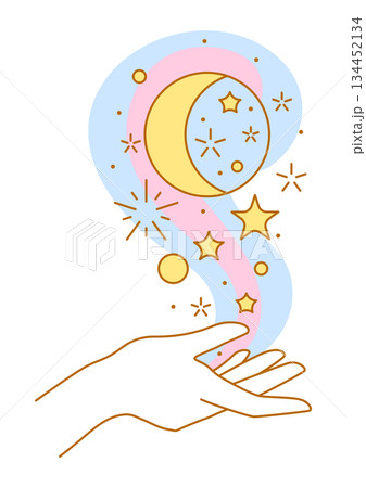 Magic moon in hand. Palm hold or give celestial body. Line art style. 134452134