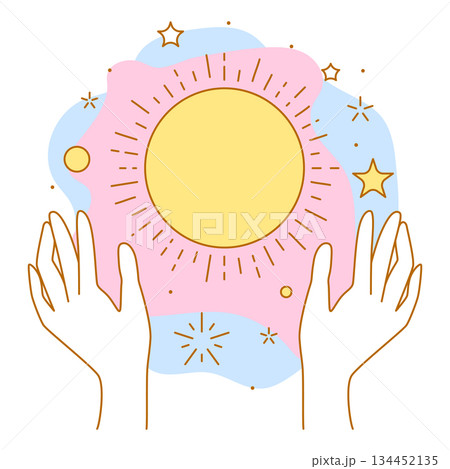 Magic sun in hands. Palms hold or give celestial body. Line art style. 134452135