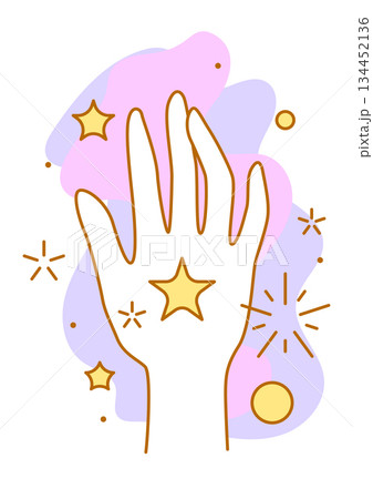 Magic stars in hand. Palm hold or gives celestial body. Line art style. Magic stars in hand. Palm hold or gives celestial body. Line art style. 134452136