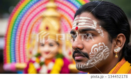Thaipusam scene with deity statue, kavadi, face paint and rainbow arch. Spiritual tribute to Lord Murugan. 134452178