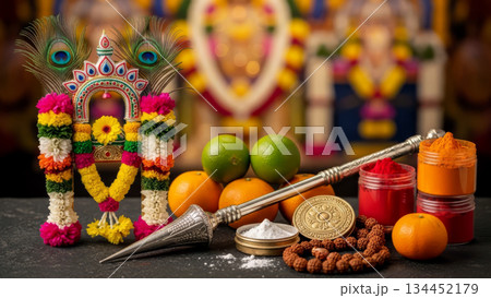 Thaipusam festival ritual items with Vel spear, peacock feathers, flower garlands, limes and sacred powders. 134452179