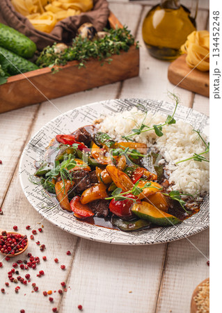 Thai style meat with rice plate Thai style meat with rice plate 134452248