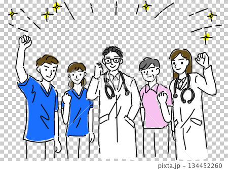 微笑的醫護人員擺出握拳慶祝的姿勢，手繪線條畫 134452260