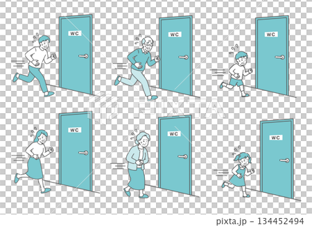 トイレに駆け込む人々のイラストセット（老若男女・腹痛・下痢・便意） 134452494
