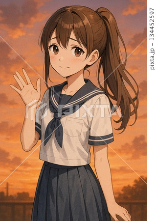 夕焼けに手を振るセーラー服の少女 134452597