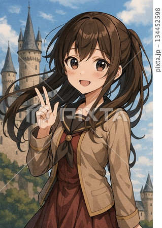 風になびく髪の美少女と幻想の城 134452598