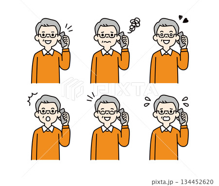スマートフォンで通話する・話す、60代・70代の男性の上半身ベクターイラスト素材セット＿カラー 134452620