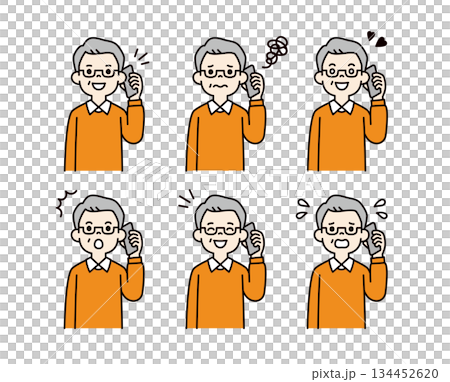 スマートフォンで通話する・話す、60代・70代の男性の上半身ベクターイラスト素材セット＿カラー 134452620