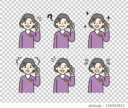Talking on a smartphone, upper body vector illustration set of women in their 60s and 70s_Color 134452621