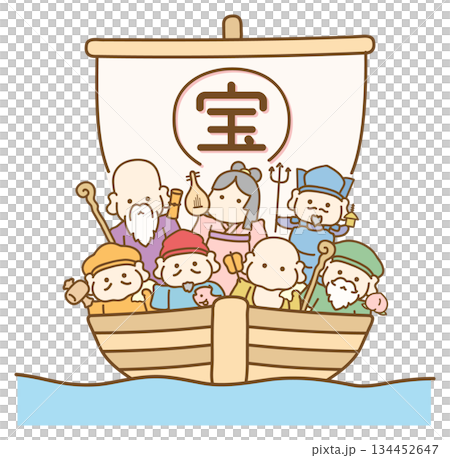 七福神與寶船 棕色線條與色彩繪畫 七福神與寶船 棕色線條與色彩繪畫 134452647