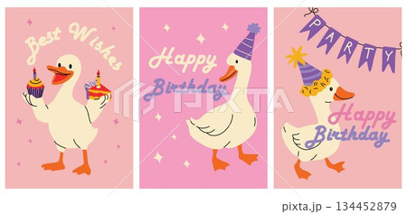Adorable duck celebrating with birthday cake and party hat Adorable duck celebrating with birthday cake and party hat 134452879