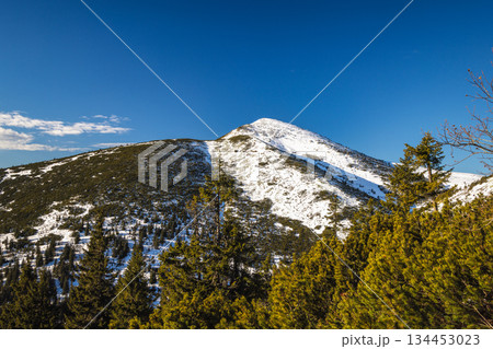 Snow-capped mountain peak under a clear blue sky. The Velky Krivan peak in The Mala Fatra national park, Slovakia, Europe. 134453023