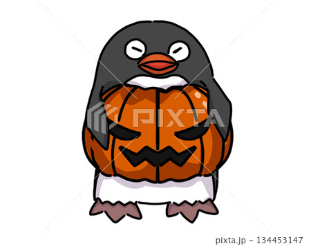 ハロウィンカボチャを持つペンギンのイラスト ハロウィンカボチャを持つペンギンのイラスト 134453147
