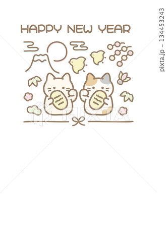 かわいい年賀状 和風 富士山と招き猫 134453243
