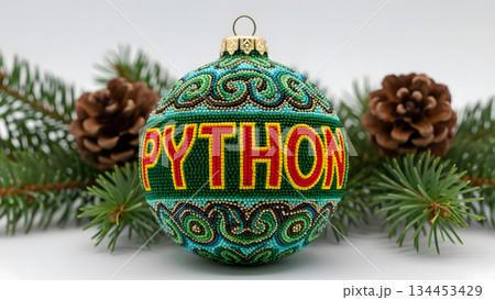 Handmade beaded Christmas ornament with the word PYTHON in red and yellow letters Handmade beaded Christmas ornament with the word PYTHON in red and yellow letters 134453429