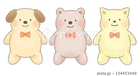 やさしい手描き風の動物イラストセット（いぬ・くま・ねこ） 134453440