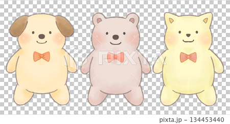やさしい手描き風の動物イラストセット（いぬ・くま・ねこ） 134453440