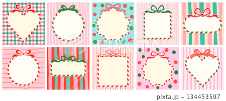 Candy cane frames with bows templates wit copy space, vector backgrounds with different patterns in pink, red and green 134453597