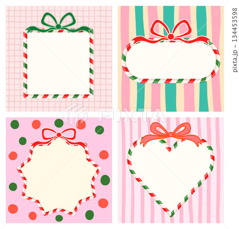 Vector set with Christmas candy cane borders in red and green with bows on various patterned backgrounds for holiday designs Vector set with Christmas candy cane borders in red and green with bows on various patterned backgrounds for holiday designs 134453598