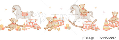 Seamless border with rocking horse, vintage bear and toy, hand drawn watercolor pastel illustrations Seamless border with rocking horse, vintage bear and toy, hand drawn watercolor pastel illustrations 134453997