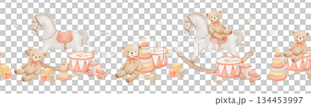 Seamless border with rocking horse, vintage bear and toy, hand drawn watercolor pastel illustrations Seamless border with rocking horse, vintage bear and toy, hand drawn watercolor pastel illustrations 134453997
