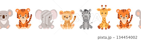 Seamless border with cute safari animals. Childish endless pattern isolated on white 134454002