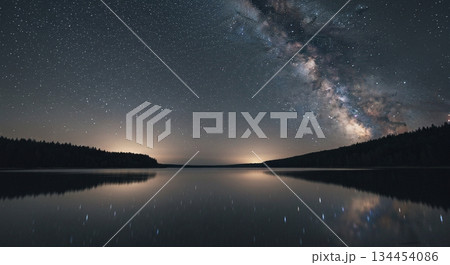 鏡のような水面に映える満天の星空 134454086