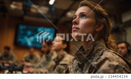 Female soldier attending military briefing in command center 134454134