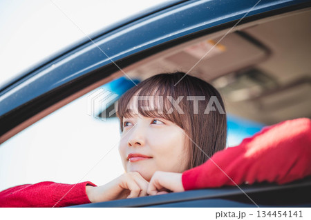 車の助手席に乗り楽しそうにするロングヘアの若い女性 134454141
