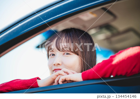 車の助手席に乗り楽しそうにするロングヘアの若い女性 134454146