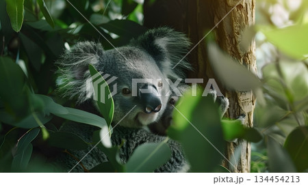 葉の間から覗くコアラ 134454213