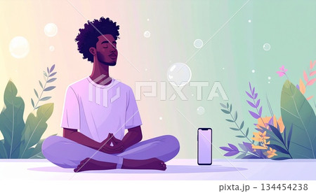 自分と向き合う時間：デジタルデトックスと心の健康を象徴する、自然に囲まれた瞑想のミニマルイラスト 134454238