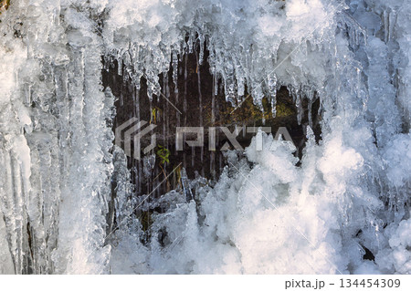 A mesmerizing cascade of icicles frozen mid-drip, forms a wintry frame around a glimpse of earth and vegetation that hints at the thaw's promise. High Tatras National Park, Slovakia, Europe. 134454309