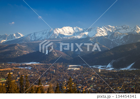 Picturesque view of a town nestled at the base of the mountains, capped with snow under a bright blue sky. Zakopane town at the foot of the Tatra Mountains in Poland, Europe. 134454341