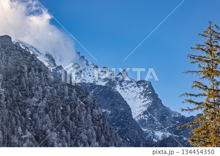 Majestic mountain peaks rise against a clear blue sky, their snow-covered slopes contrasting with the green trees. A serene landscape. High Tatras National Park, Slovakia, Europe. Majestic mountain peaks rise against a clear blue sky, their snow-covered slopes contrasting with the green trees. A serene landscape. High Tatras National Park, Slovakia, Europe. 134454350