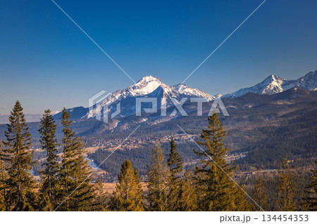 Snow-capped mountain range under a bright blue sky, towering over a valley of dense forest and small settlement. Zakopane town at the foot of the Tatra Mountains in Poland, Europe. 134454353