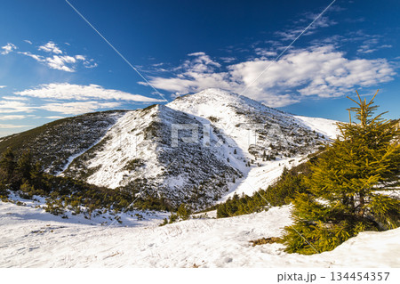 Snow-capped mountain peak under a blue sky. The Velky Krivan peak in The Mala Fatra national park, Slovakia, Europe. Snow-capped mountain peak under a blue sky. The Velky Krivan peak in The Mala Fatra national park, Slovakia, Europe. 134454357