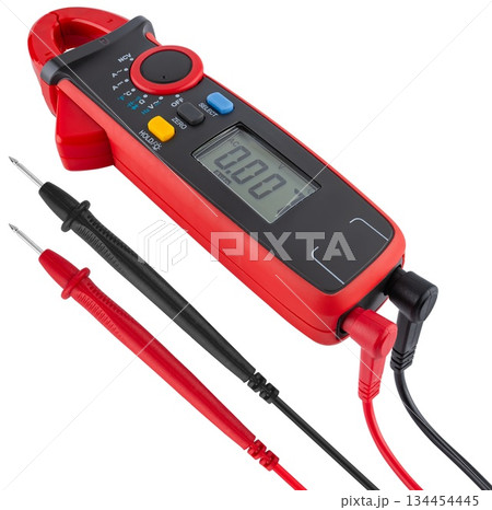 Compact digital multimeter with screen and probes, insulation. On a white background 134454445