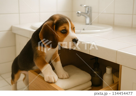 洗面所を探検するビーグル子犬 134454477