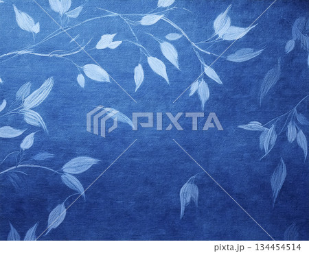 青の和紙ボタニカル背景|落ち着いた葉模様テクスチャ 青の和紙ボタニカル背景|落ち着いた葉模様テクスチャ 134454514