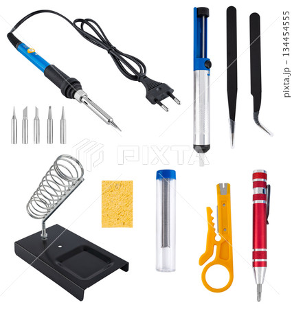 Compact soldering tool kit with soldering iron, stand and interchangeable tips. 134454555
