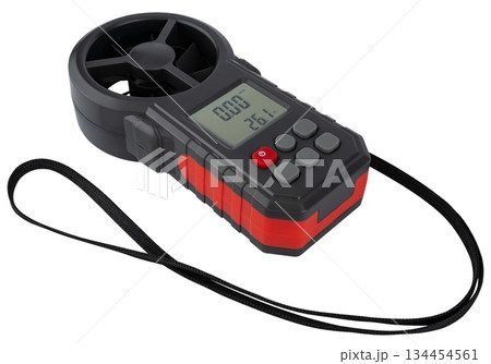 Digital vane anemometer with large display for measuring air speed and volume. On a white background Digital vane anemometer with large display for measuring air speed and volume. On a white background 134454561