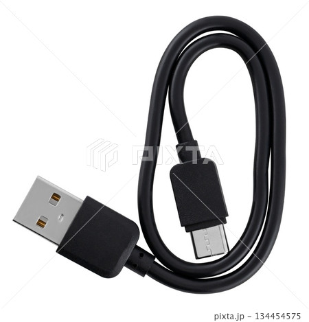 Black cable with USB and Type-C connectors, on a white background 134454575
