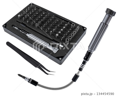 Screwdriver set with a set of bits, flexible shaft and tweezers for repair and assembly. 134454590