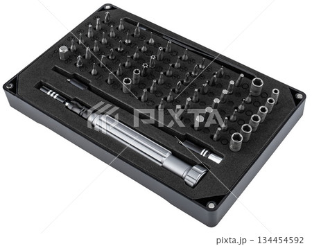 Universal screwdriver set and interchangeable bits for home use. On a white background Universal screwdriver set and interchangeable bits for home use. On a white background 134454592
