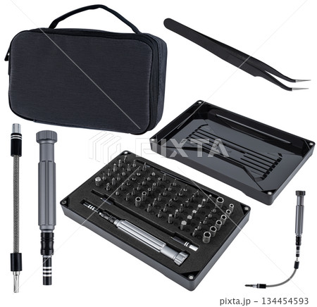 Screwdriver set and bit set for installation tasks. On a white background 134454593