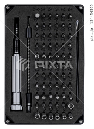 Screwdriver with a set of bits and tweezers, in a special plastic case, on a white background Screwdriver with a set of bits and tweezers, in a special plastic case, on a white background 134454599
