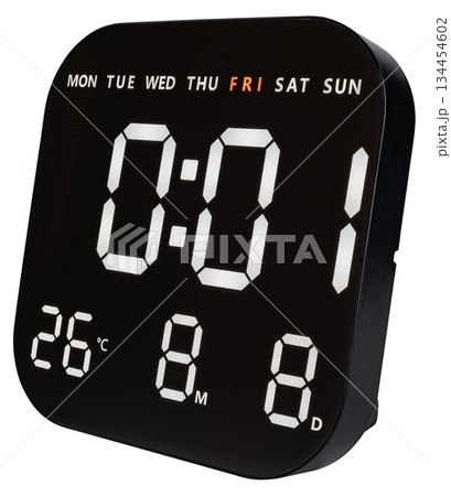 Modern desktop electronic clock with large LCD display, date, temperature and humidity. Modern desktop electronic clock with large LCD display, date, temperature and humidity. 134454602