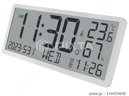 Stylish electronic clock with a mirrored surface, showing the time, temperature and day of the week. 134454606